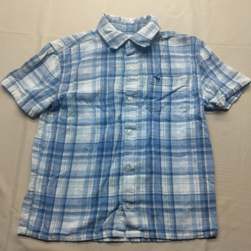 Abercrombie Kids Boys Blue White Plaid Short Sleeve Button Down Shirt Size 13/14